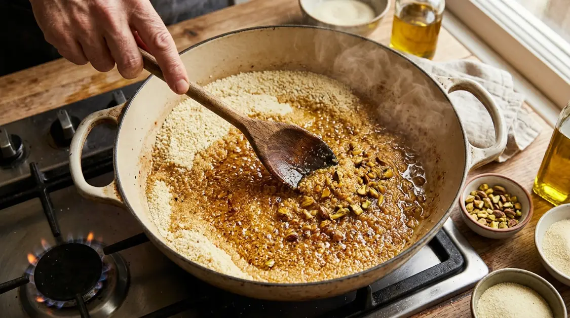 Toasting semolina to amber in olive oil for pistachio halva showing Maillard browning honey gold colour