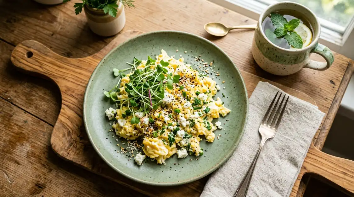 Herb & Feta Scrambled Eggs garnished with fresh dill and crumbled Greek feta on a cream ceramic plate
