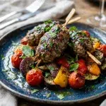 Sheet Pan Lamb Kofta with Roasted Vegetables (37 Minutes) 1 Plated sheet pan lamb kofta over rice with roasted vegetables and tahini sauce