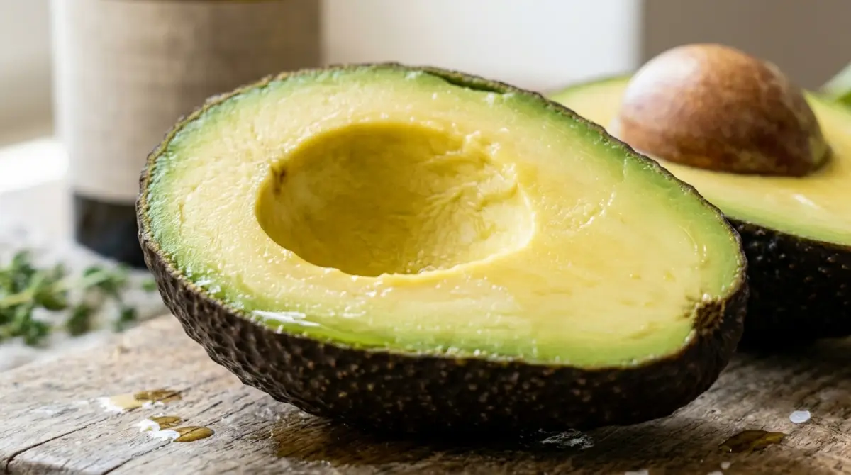 ripe-avocado-halved-mediterranean-toast Close-up of perfectly ripe avocado cut in half for Mediterranean avocado toast recipe