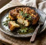 Roasted Cauliflower Steaks with Chimichurri (40 Minutes) 1 Roasted cauliflower steak with chimichurri sauce 45-degree angle close-up