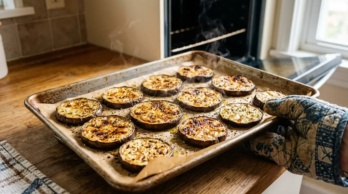 roasted-eggplant-slices-moussaka-layers Perfectly roasted golden eggplant slices on baking sheet for Greek moussaka casserole