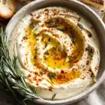 Roasted Garlic & White Bean Dip: 5 Incredibly Creamy Tricks 2 Overhead view of smooth white bean dip with olive oil and rosemary garnish