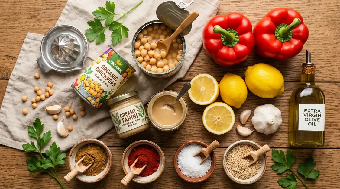 roasted-red-pepper-hummus-ingredients-flat-lay Flat lay of roasted red pepper hummus ingredients: Chickpeas (garbanzo beans), Roasted red bell peppers, jar of tahini, lemons, Lemon juice, garlic bulb, Extra virgin olive oil, Smoked paprika ,spice bowls.