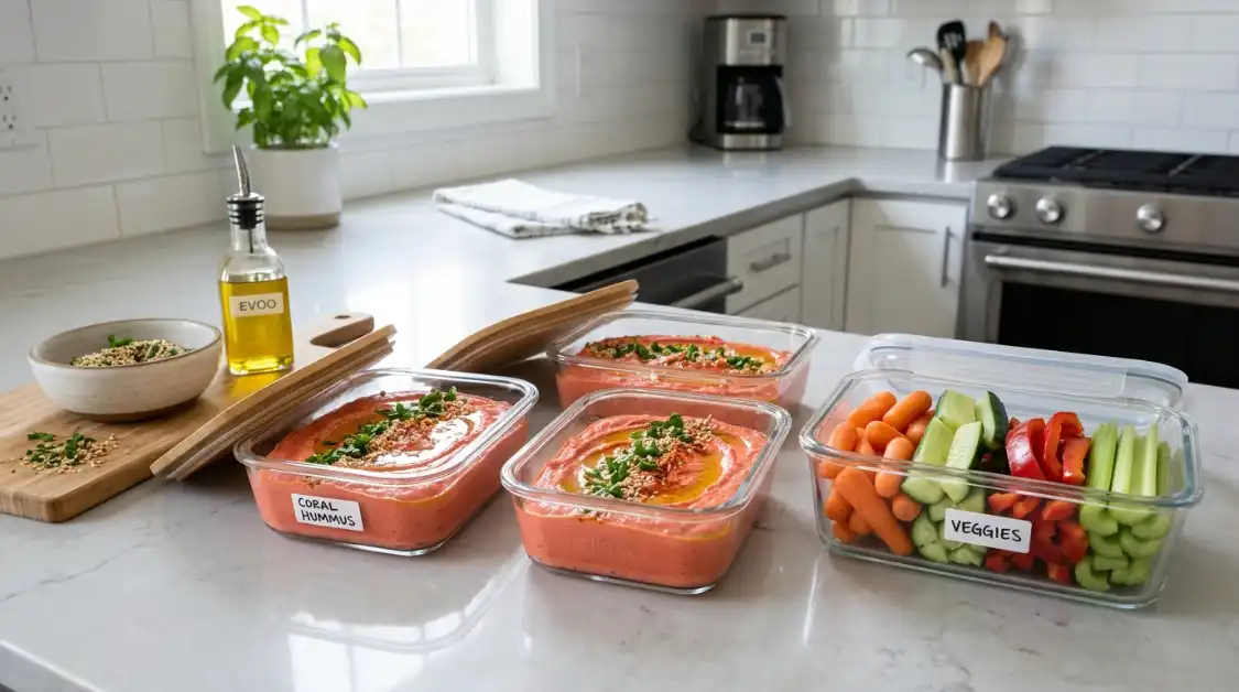 roasted-red-pepper-hummus-meal-prep Roasted red pepper hummus portioned in glass containers for weekly meal prep