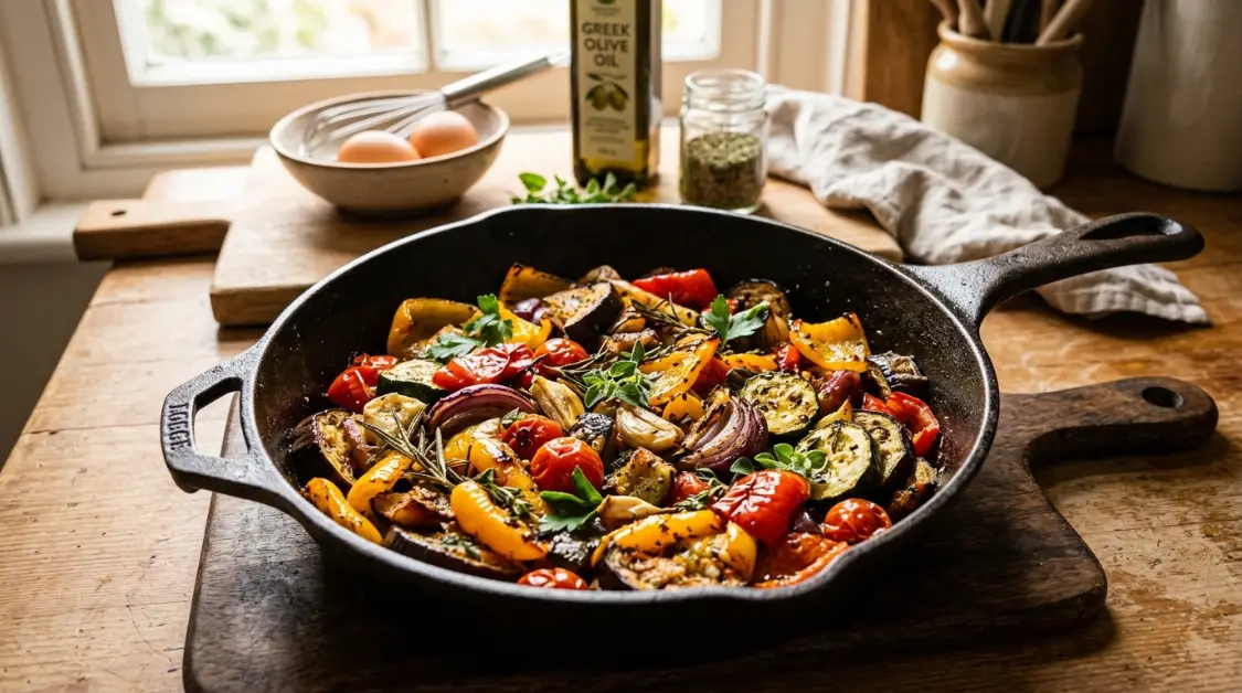 Caramelized roasted vegetables in cast iron skillet for Mediterranean egg & vegetable bake