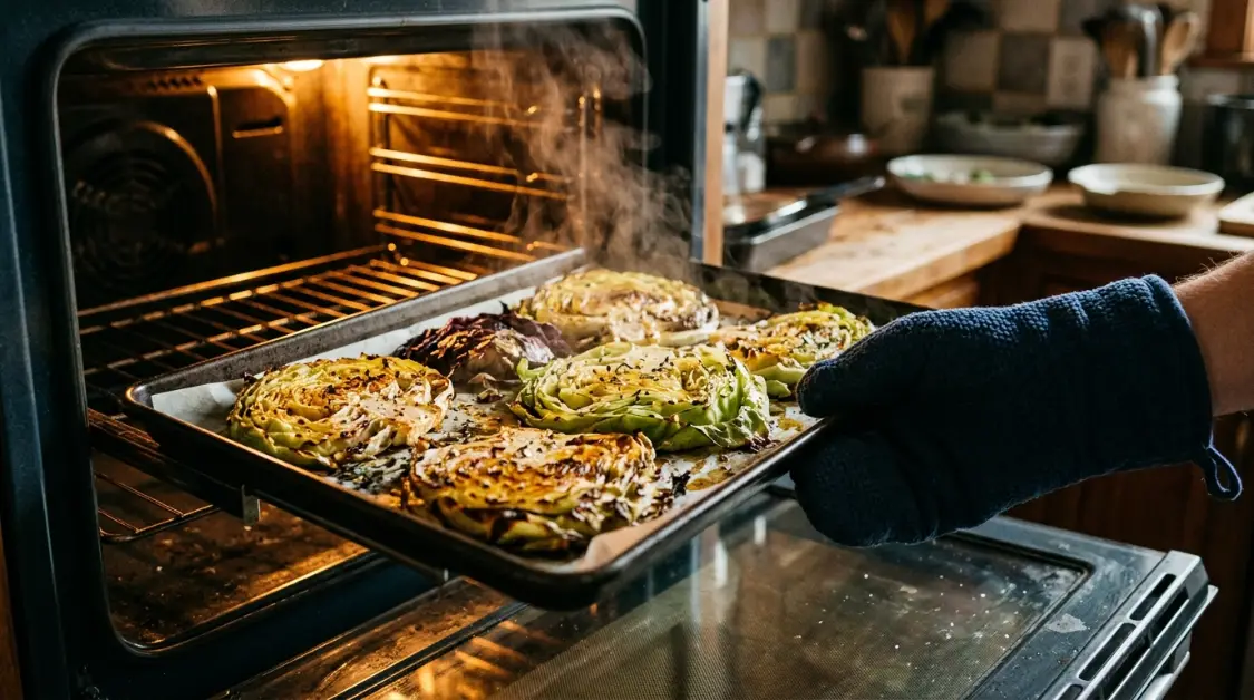 roasting-cabbage-steaks-oven-midway Cabbage steaks roasting in oven midway through cooking for Mediterranean recipe