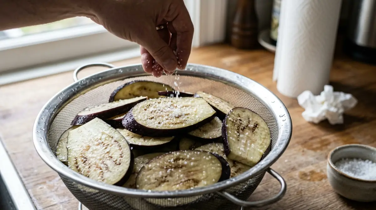 salting-eggplant-moussaka-preparation-technique Salting eggplant slices in colander to remove excess moisture before making moussaka