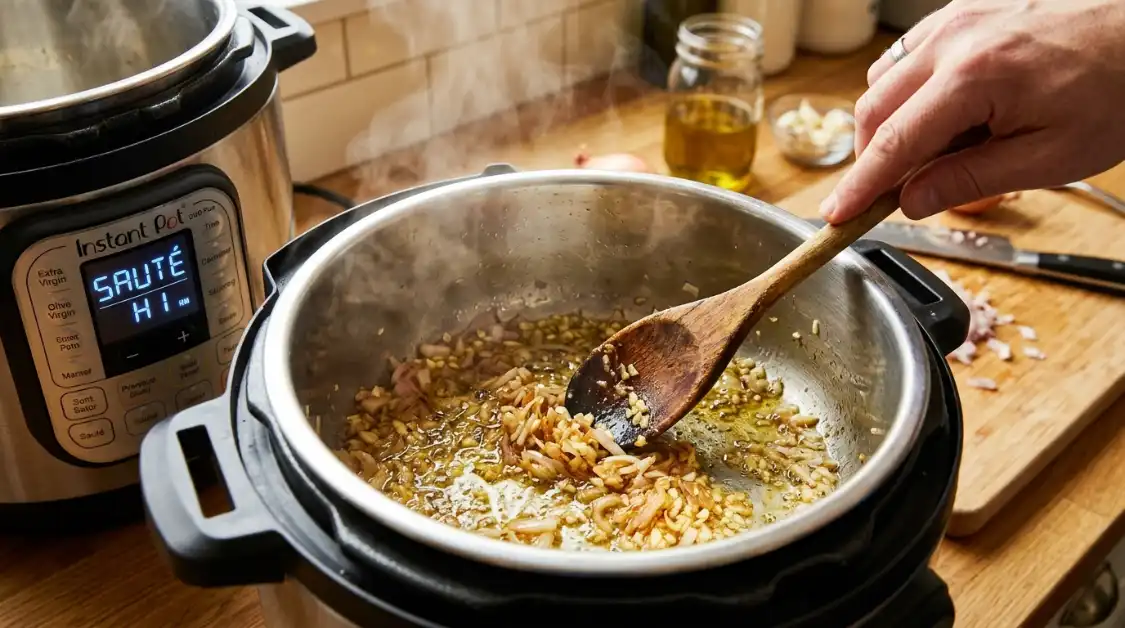 sauteing-aromatics-instant-pot-risotto Sauteing shallot and garlic in Instant Pot for Mediterranean risotto