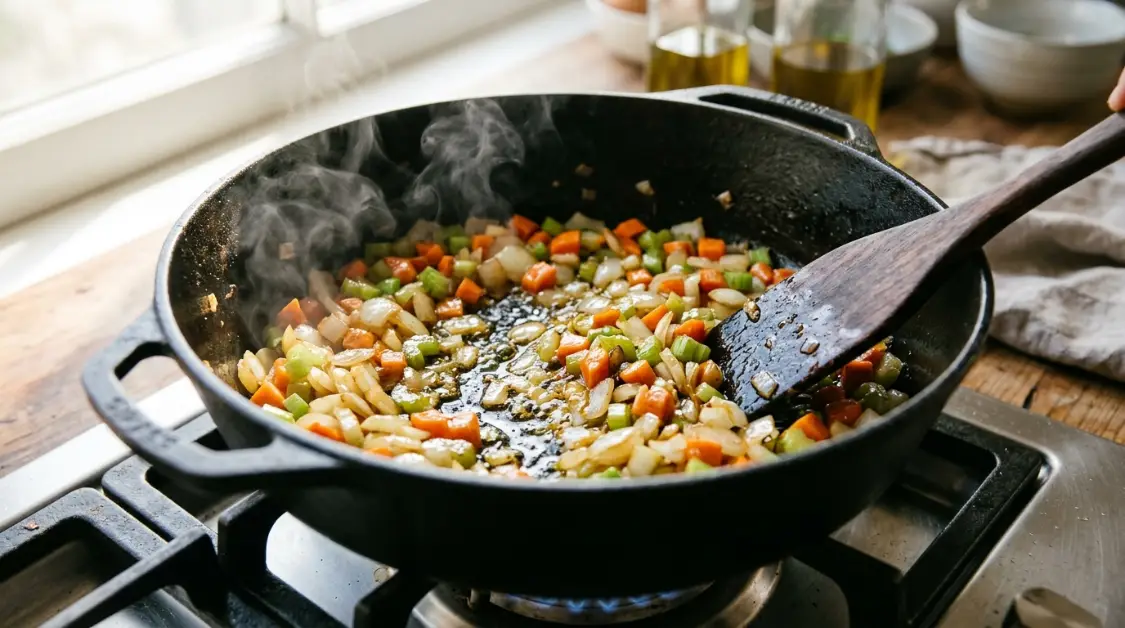 sauteing-aromatics-mediterranean-cabbage-soup Sautéing aromatics in olive oil for one-pot Mediterranean cabbage soup