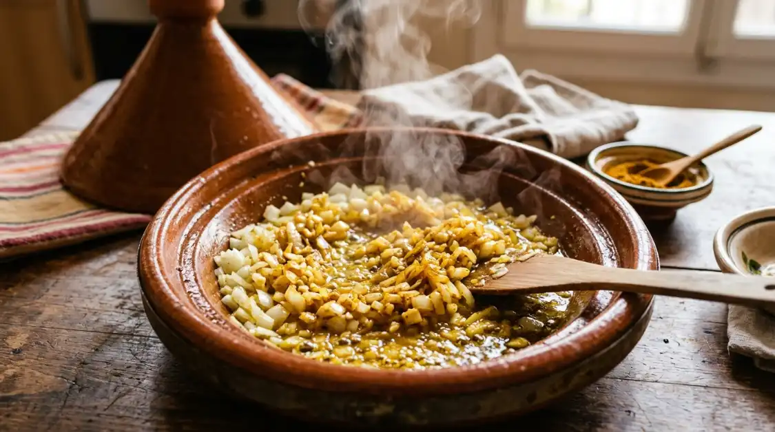 sauteing-aromatics-moroccan-beef-tagine Sauteing onions garlic and ras el hanout spices for slow cooker beef olive tagine