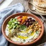 Savory Mediterranean Yogurt Bowl (10 Minutes, Makes 2) 1 Close-up 45-degree angle of savory Mediterranean yogurt bowl showing creamy yogurt with vegetables, chickpeas, and herbs