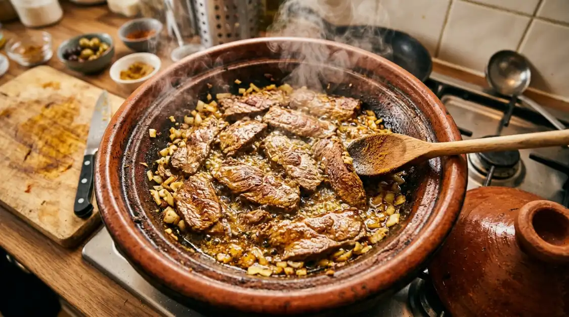 searing-beef-slow-cooker-tagine-recipe Searing beef cubes in skillet for slow cooker beef olive tagine showing golden Maillard crust