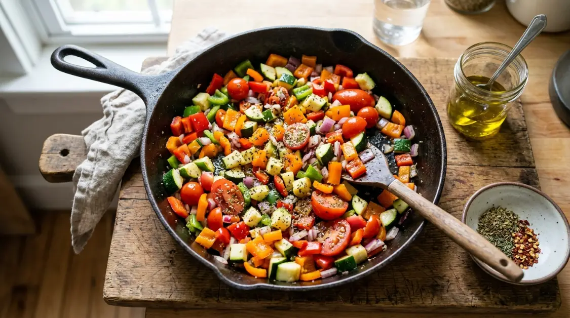Seasoned vegetables ready for roasting in Mediterranean egg & vegetable bake