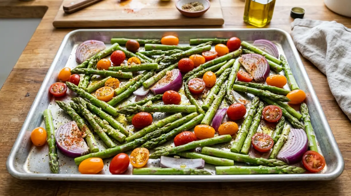 seasoned-vegetables-sheet-pan-before-roasting Seasoned asparagus tomatoes and onion on sheet pan before roasting