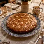 Semolina Cake: Basbousa Revani (Makes 20 Pieces) 1 Full semolina cake basbousa revani on decorative serving plate with almonds for celebration