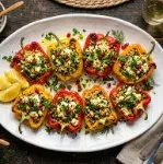 Sheet pan feta-stuffed peppers beautifully garnished with herbs lemon and pomegranate on serving platter