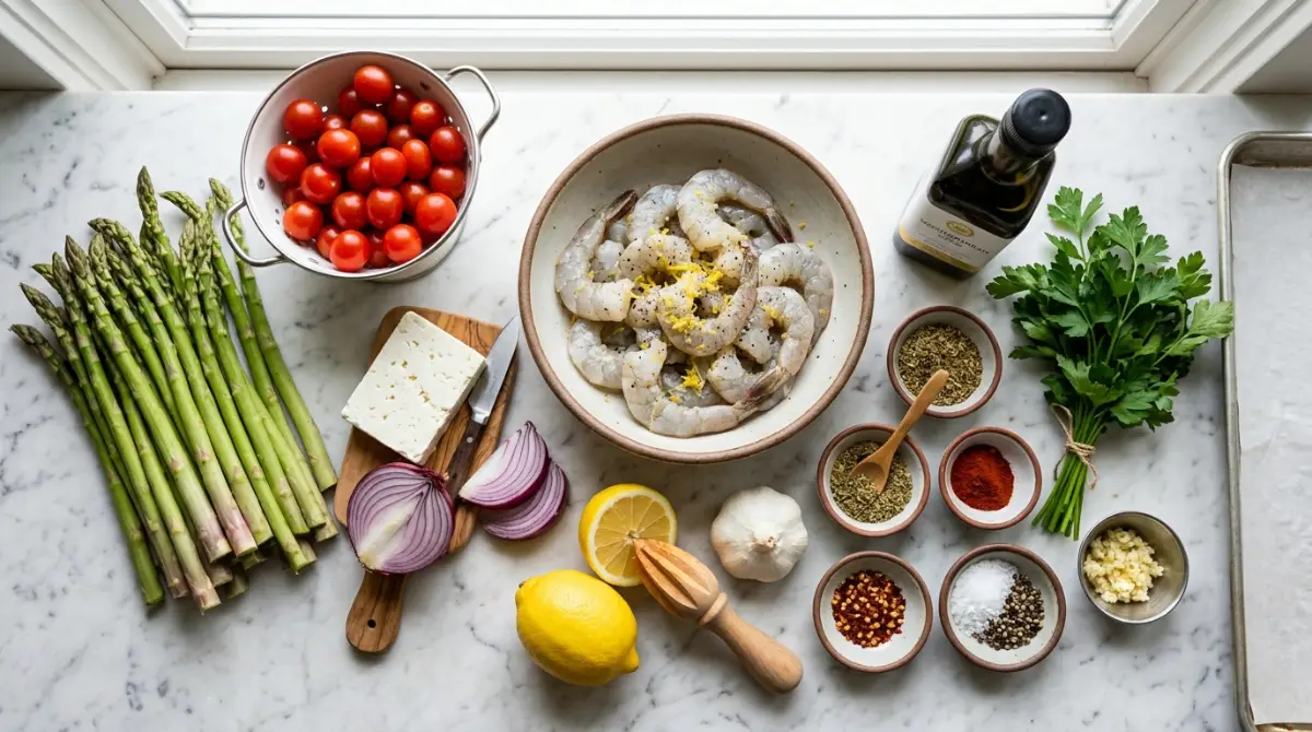 sheet-pan-shrimp-asparagus-ingredients-flat-lay Fresh ingredients for sheet pan Mediterranean Shrimp & Asparagusrecipe : large shrimp, extra-virgin olive oil, Juice of ½ lemon, clove garlic, dried oregano, smoked paprika, red pepper flakes, low-sodium vegetable broth, ground black pepper, bunch asparagus, cherry or grape tomatoes, red onion