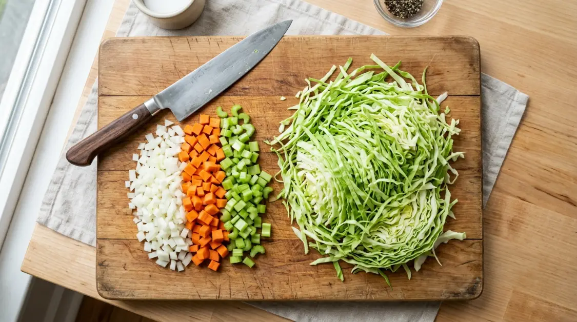 shredded-cabbage-diced-vegetables-prep Shredded cabbage and diced vegetables ready for Mediterranean cabbage soup