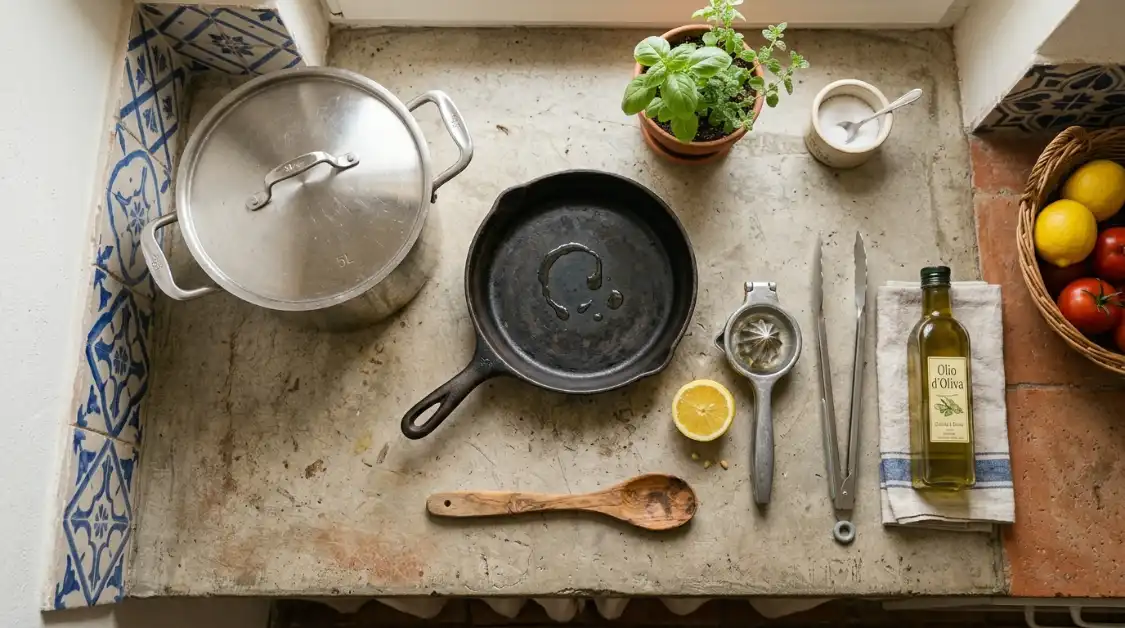 Equipment for making garlic butter shrimp scampi with lemon : cast-iron skillet, wooden spoon, lemon juicer, tongs, and large pasta pot