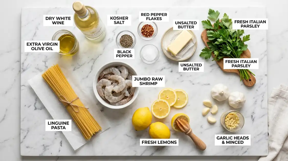 Shrimp scampi with lemon recipe ingredients flat lay : Jumbo shrimp, Extra-virgin olive oil, Unsalted butter, Garlic, Lemon (zest + juice), Red pepper flakes, Linguine, parsley