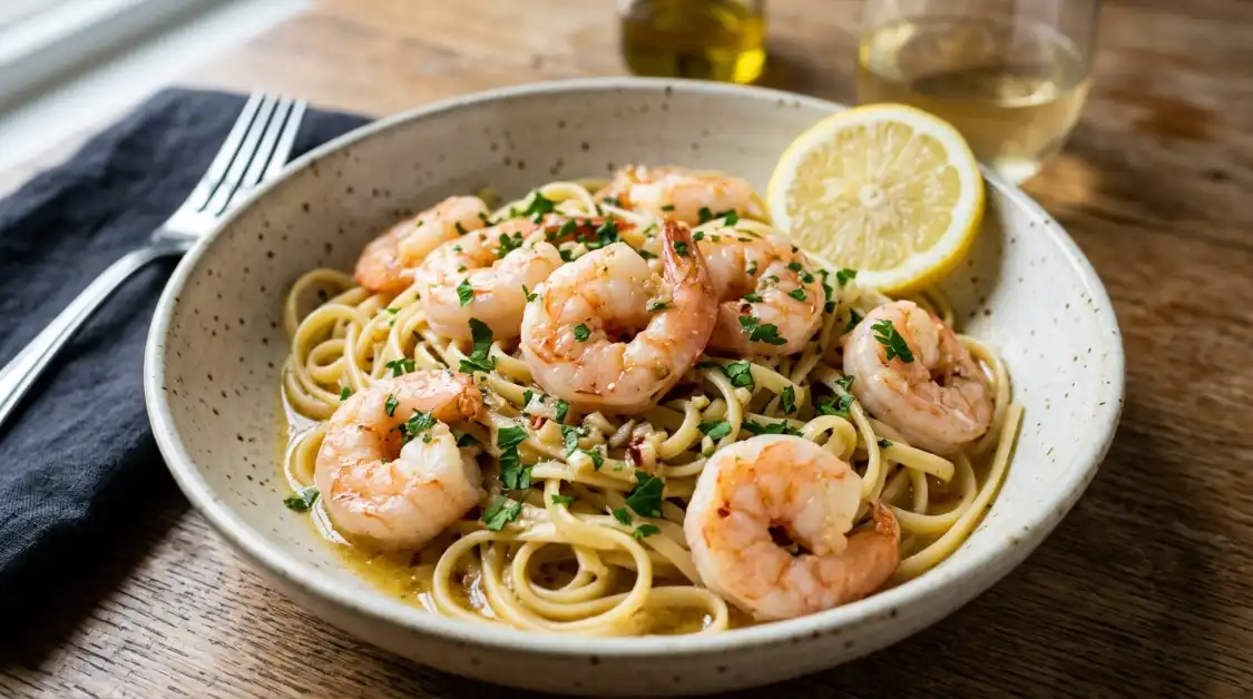 Close-up shrimp scampi with lemon garlic butter linguine