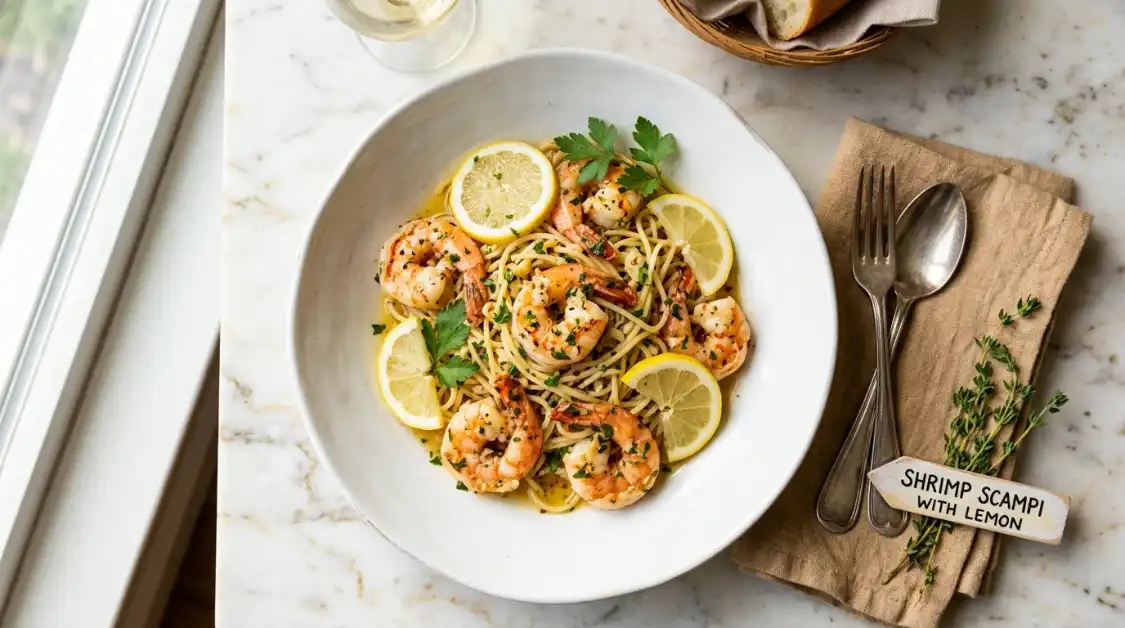 Shrimp scampi with lemon and garlic butter pasta in white bowl