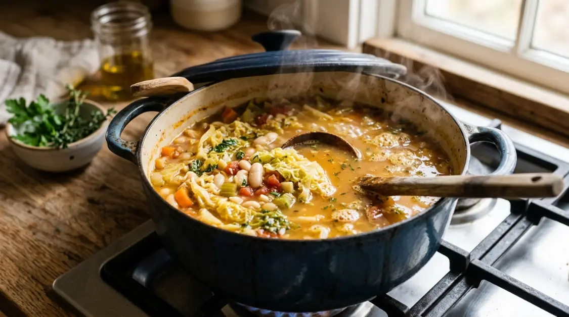 simmering-mediterranean-cabbage-soup-dutch-oven One-pot Mediterranean cabbage soup simmering with lid ajar in Dutch oven