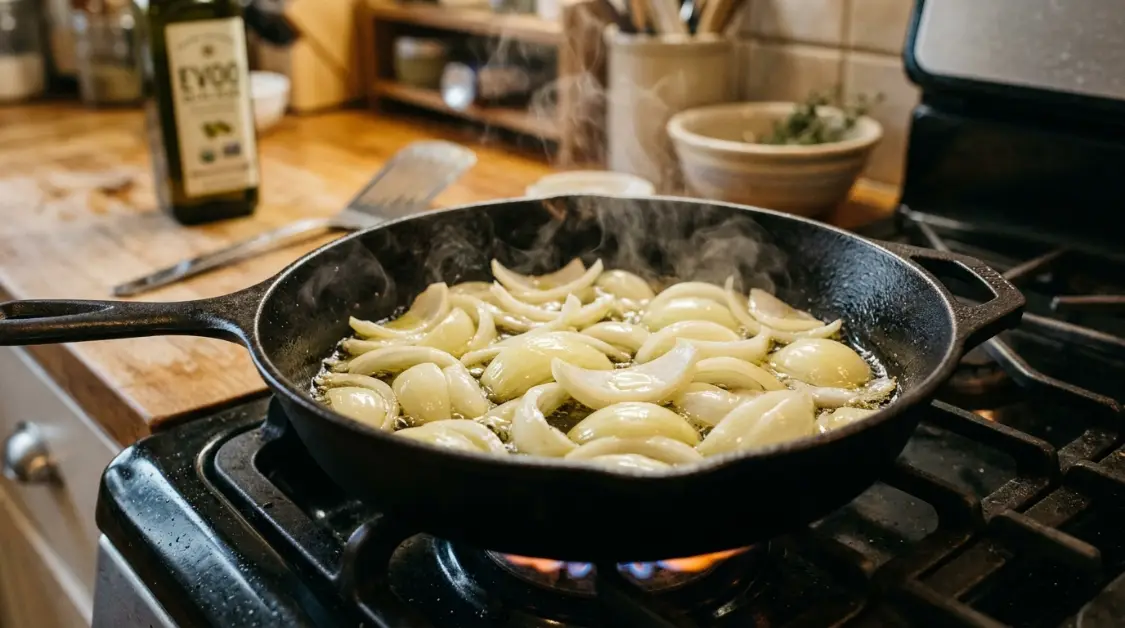 sliced-onions-starting-to-caramelize Sliced onions beginning to cook in olive oil in skillet for caramelized onion pasta recipe