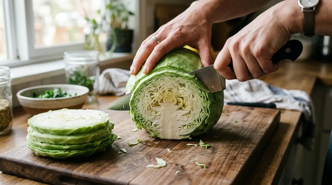 slicing-cabbage-steaks-thick-cuts Slicing green cabbage into thick 1-inch steaks for charred cabbage recipe