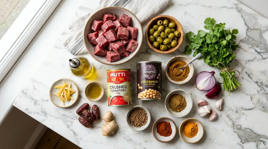 slow-cooker-beef-olive-tagine-ingredients-flat-lay All ingredients for Slow Cooker Beef & Olive Tagine arranged in flat lay including beef cubes ,Chuck Roast, Green Olives, Chickpeas (canned), Crushed Tomatoes, Ras el Hanout, Extra-Virgin Olive Oil, Preserved Lemon, Low-Sodium Beef Broth