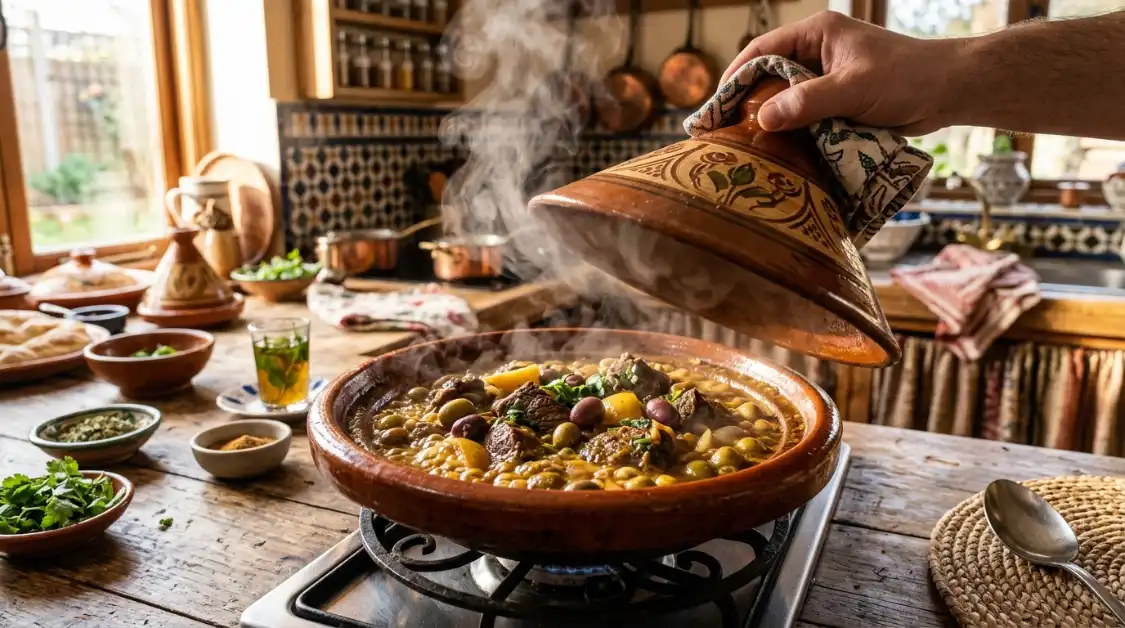 slow-cooker-beef-tagine-bubbling-cooking Slow cooker beef olive tagine bubbling during cooking showing rich amber sauce