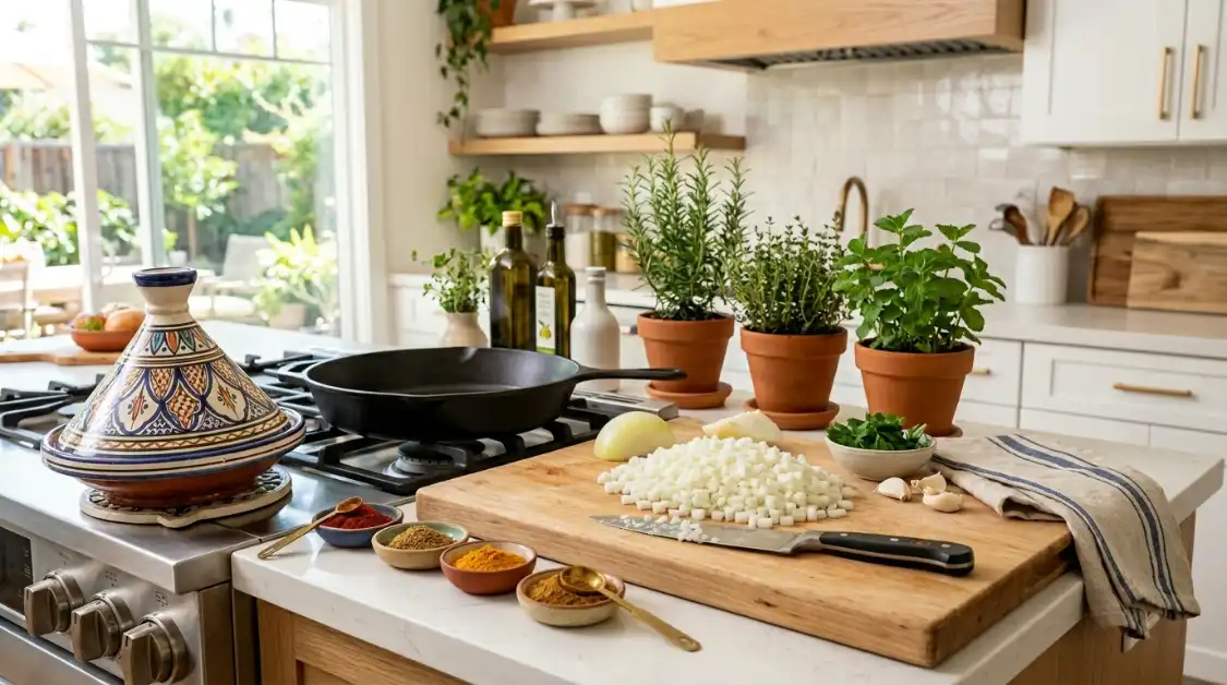 slow-cooker-beef-tagine-equipment-prep-station Slow cooker prep station with moroccan tajine skillet cutting board and spices for beef olive tagine