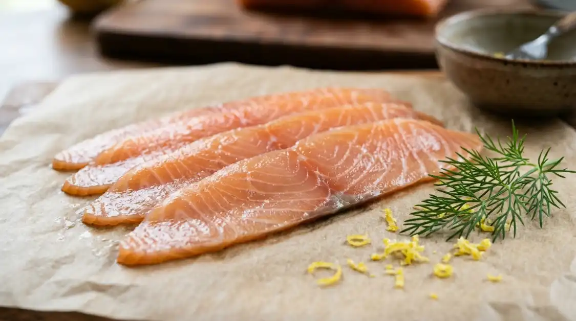 smoked-salmon-close-up-omega3-nutrition Close-up of cold-smoked salmon slices showcasing omega-3 rich texture for Mediterranean toast