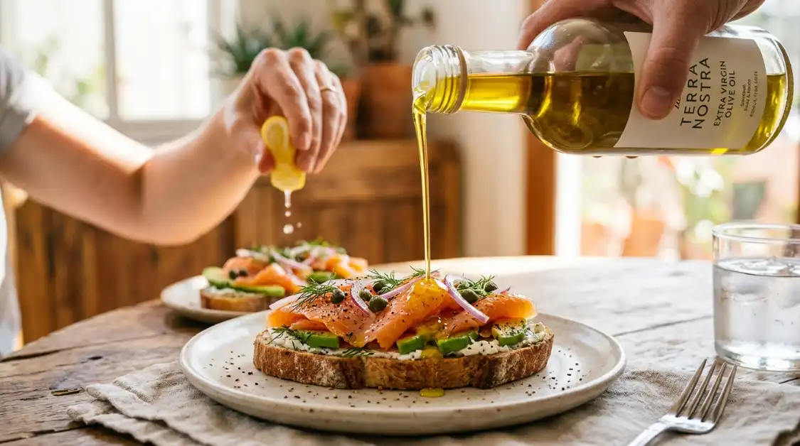 smoked-salmon-mediterranean-toast-close-up-process Drizzling extra-virgin olive oil over finished smoked salmon Mediterranean toast for heart-healthy fats