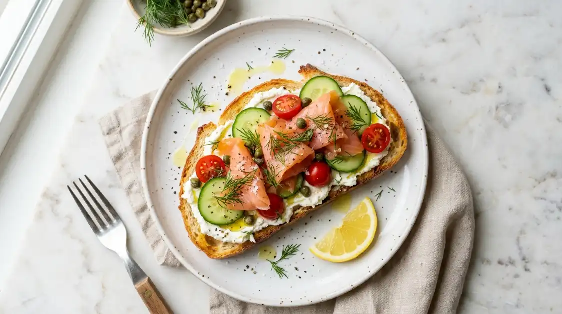 home 1 Smoked salmon Mediterranean toast with whipped feta, cucumbers, tomatoes, and fresh dill on golden sourdough