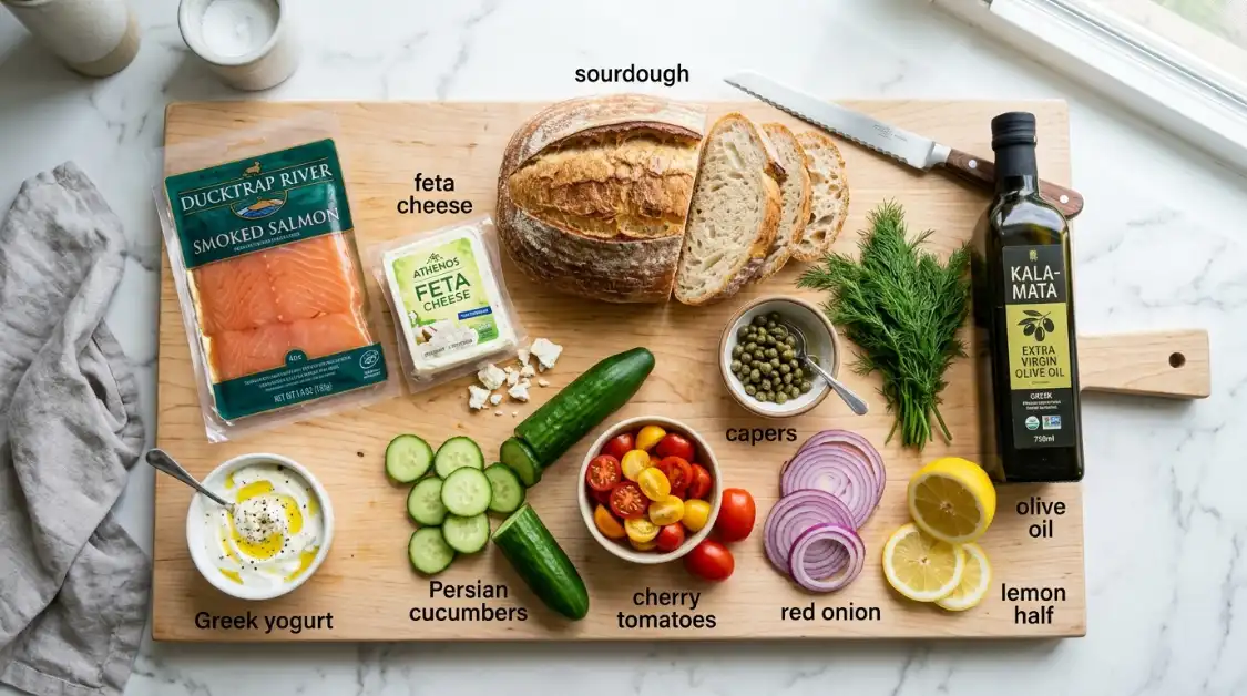 smoked-salmon-mediterranean-toast-ingredients All ingredients for smoked salmon Mediterranean toast arranged in a flat lay including Smoked salmon package, block of feta cheese, small bowl of Greek yogurt, sourdough loaf, Persian cucumbers, cherry tomatoes, capers in small dish, red onion, fresh dill bunch, lemon, bottle of extra-virgin olive oil