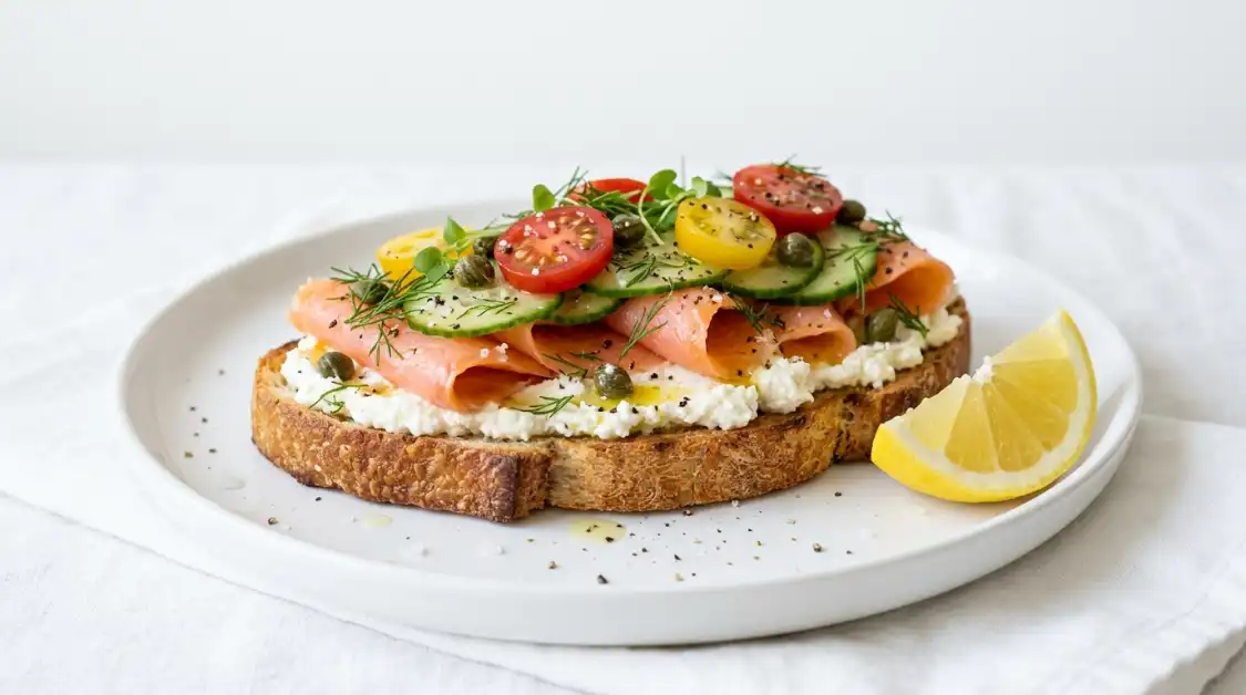 smoked-salmon-mediterranean-toast-recipe Smoked salmon Mediterranean toast at 45-degree angle showing all layers of healthy toppings