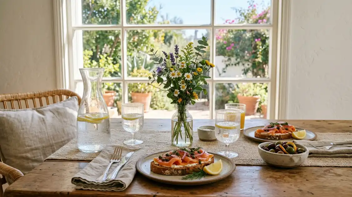 smoked-salmon-toast-california-brunch-table California brunch table setting with smoked salmon Mediterranean toast, sparkling water, and olives
