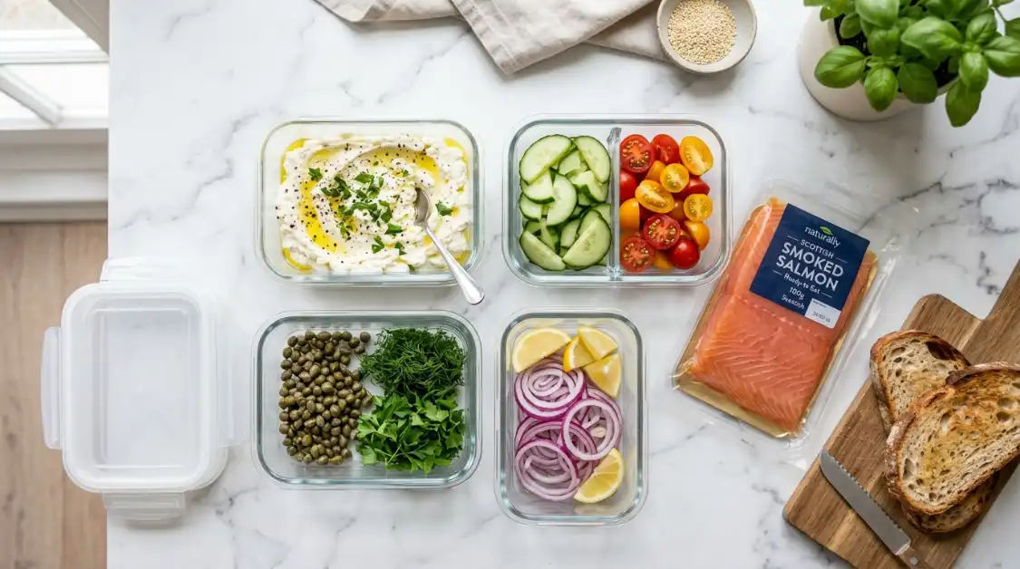 smoked-salmon-toast-meal-prep-containers Meal prep containers with whipped feta, sliced vegetables, and toppings for smoked salmon Mediterranean toast