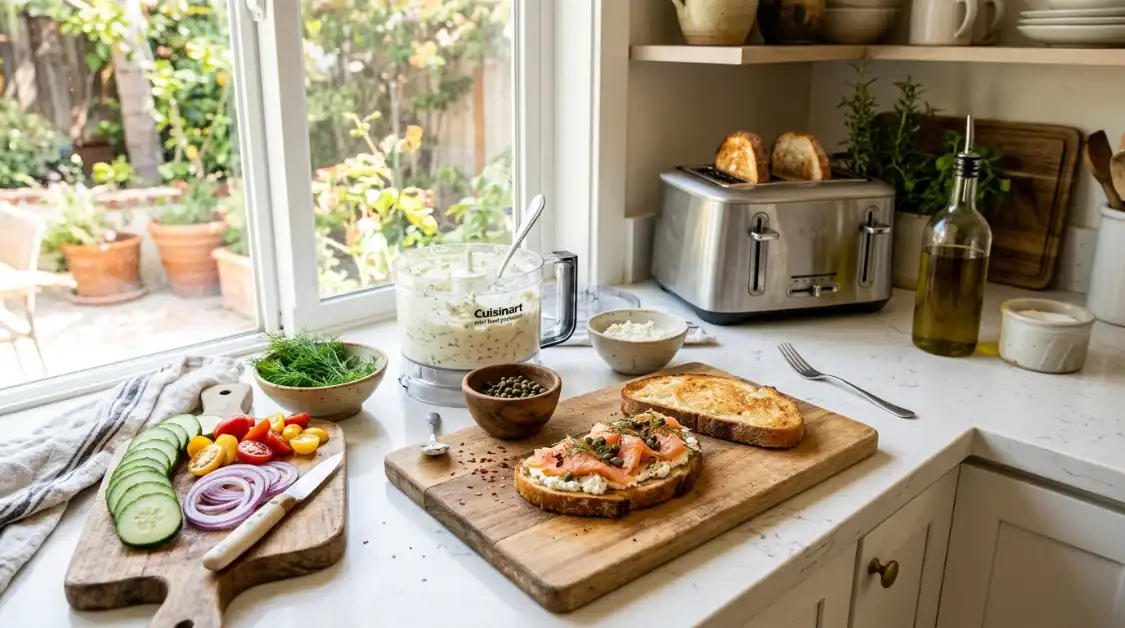 smoked-salmon-toast-prep-station-equipment Prep station with food processor, cutting board, and sliced vegetables ready for smoked salmon toast assembly