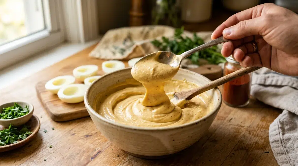 smooth-hummus-deviled-egg-filling-consistency Smooth creamy hummus deviled egg filling mixture ready to pipe