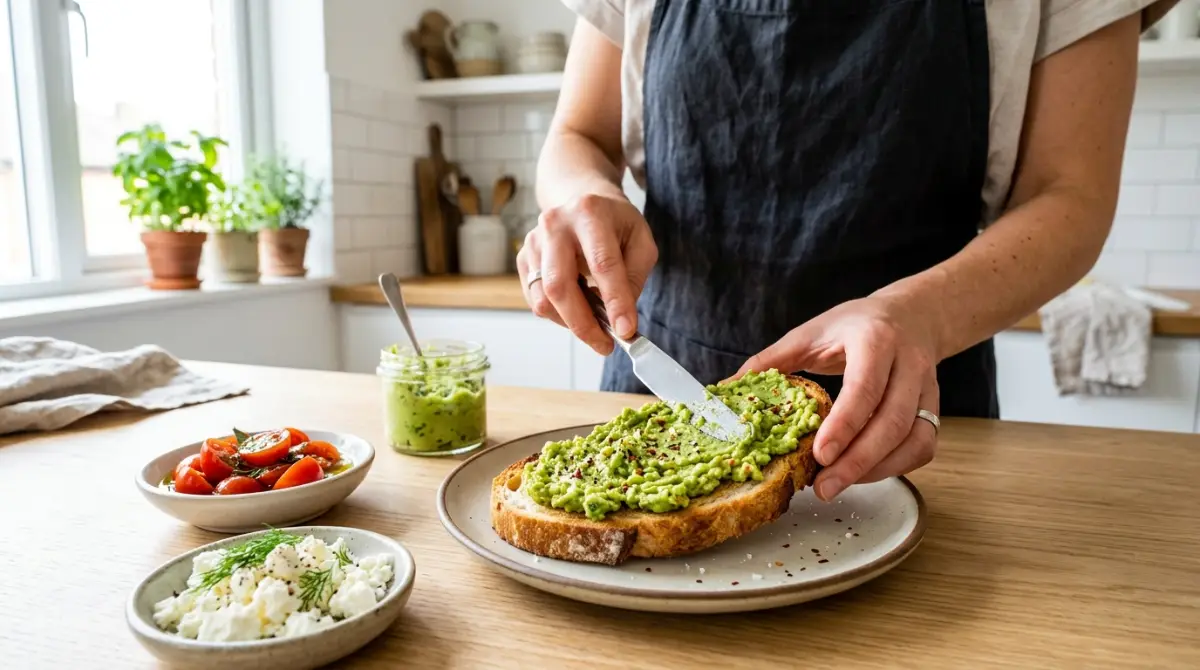 spreading-avocado-toast-mediterranean-assembly Spreading mashed avocado generously onto toasted sourdough for Mediterranean avocado toast assembly