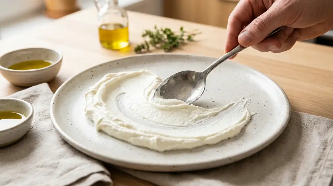spreading-labneh-plate-swoosh Spreading labneh in a thin layer on a serving plate with a swoosh for labneh with za’atar & olive oil