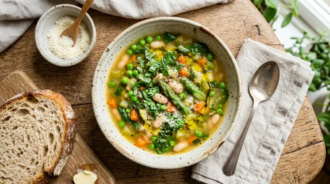 Spring Minestrone with Peas & Herbs in a rustic ceramic bowl with olive oil drizzle and crusty bread