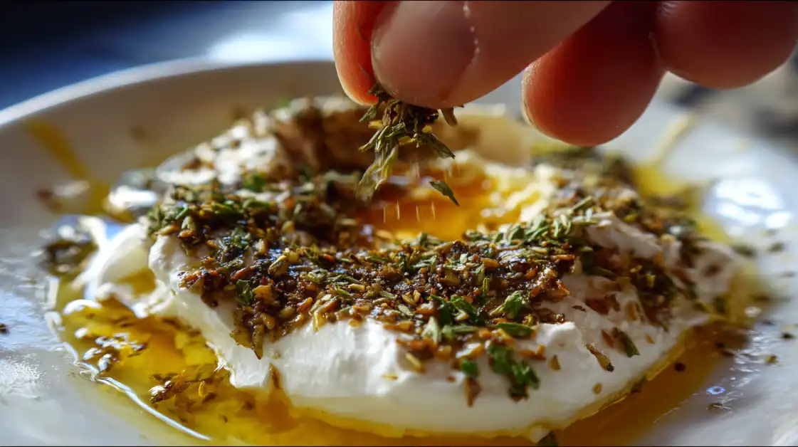 sprinkling-zaatar-over-labneh Sprinkling za’atar over olive oil-drizzled labneh with za’atar & olive oil