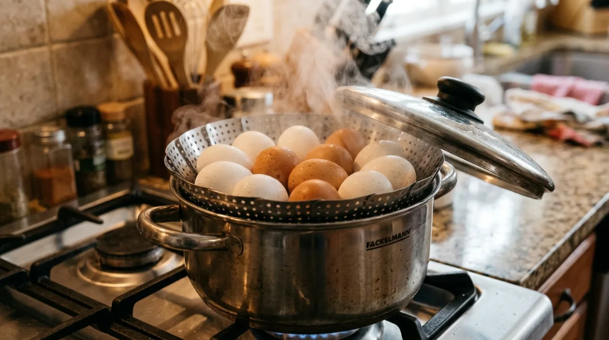 steaming-eggs-perfect-hard-boiled-method Steaming eggs in basket over boiling water for perfect hard-boiled eggs