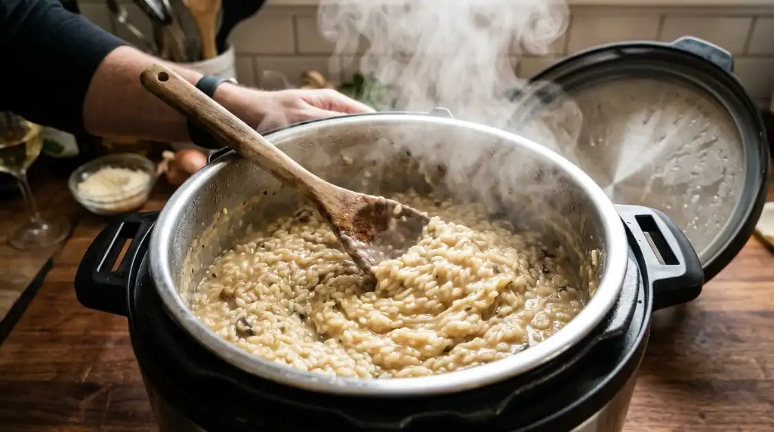 stirring-risotto-pressure-release Stirring Instant Pot Mediterranean risotto after pressure release creamy texture