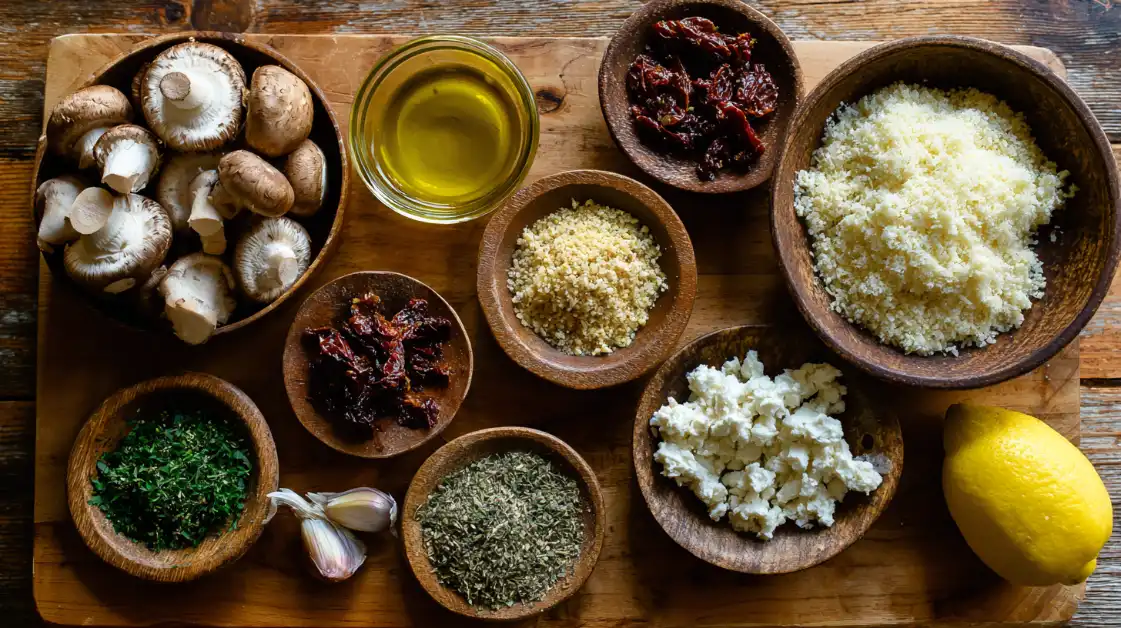 : Ingredients for Mediterranean stuffed mushrooms : Cremini mushrooms, crumbled  Feta cheese, Sun-dried tomatoes, Panko breadcrumbs, Garlic, Fresh flat-leaf parsley, Fresh oregano, Extra-virgin olive oil