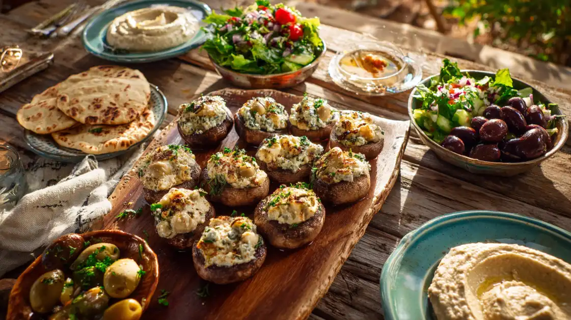 Mediterranean mezze spread with stuffed mushrooms hummus and tzatziki